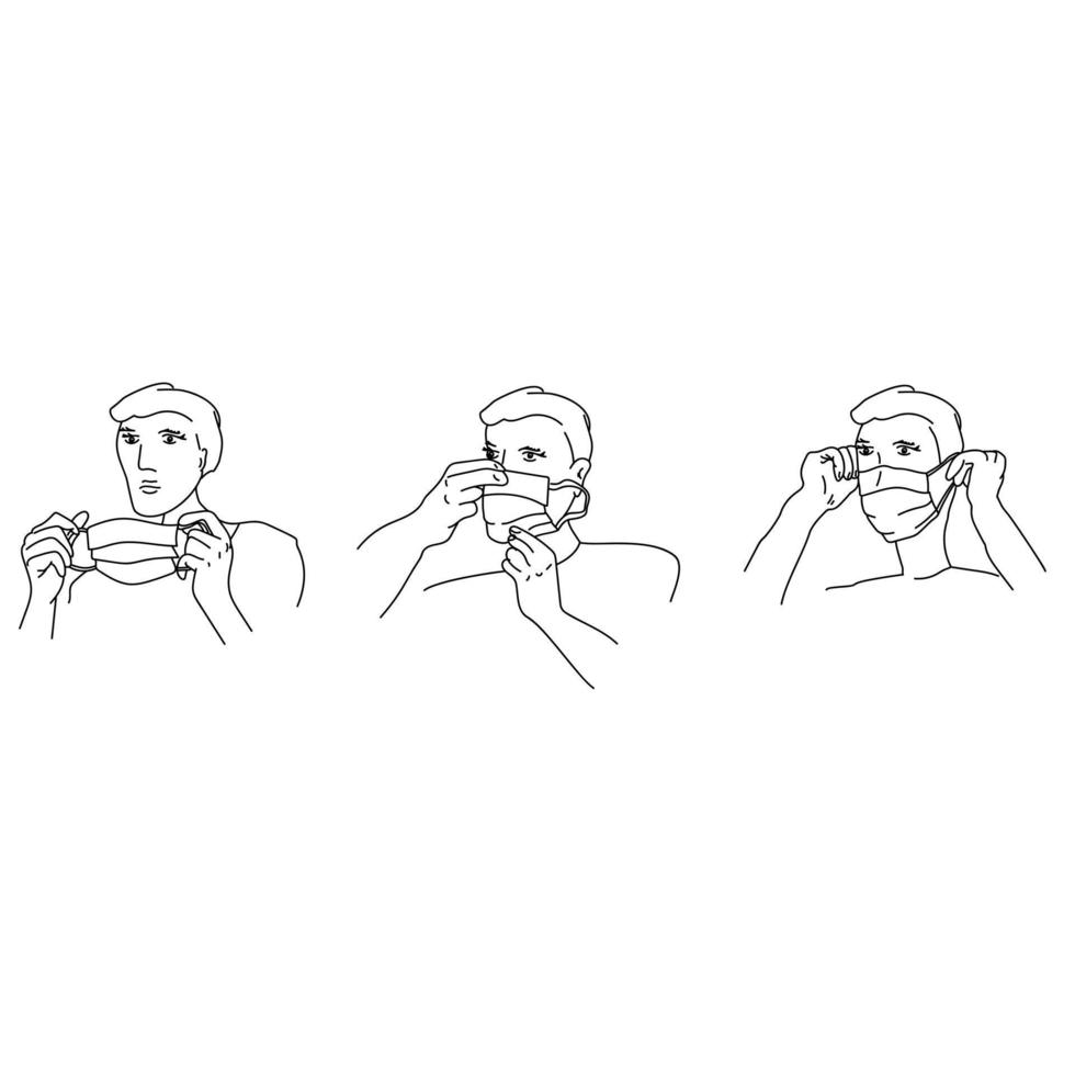 How to put on a medical mask, step-by-step instructions for showing a person wearing a medical protective mask vector