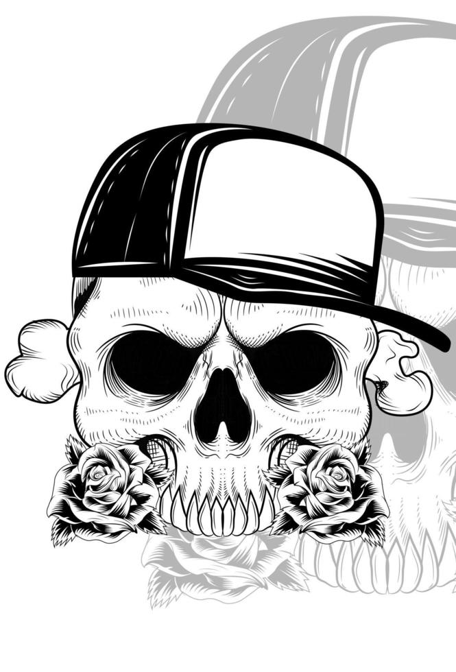 Human skull with bone, flower and hat vector