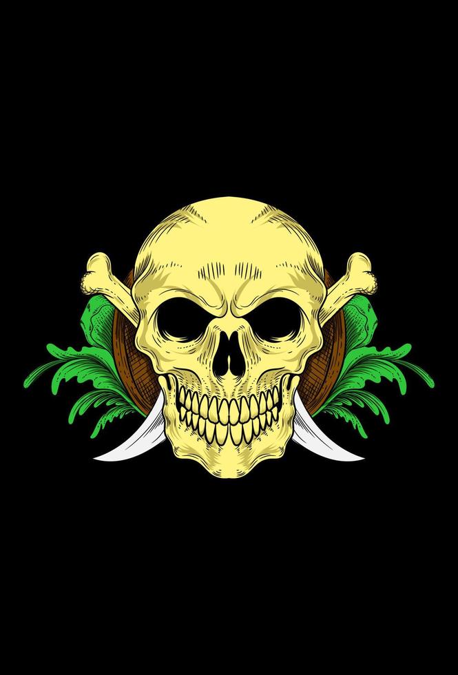 Skull with bone blade and leaf ornament vector illustration