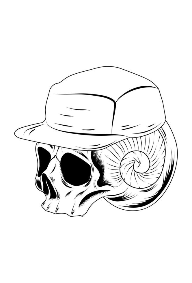 Skull with snail and snap back vector illustration