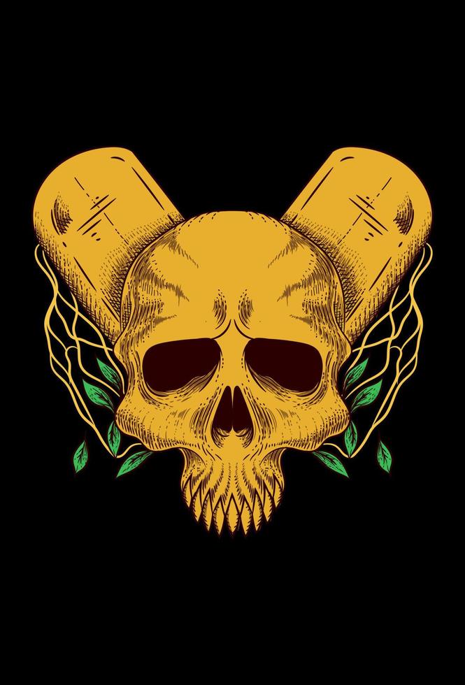 Human skull with tombstone and leaf vector illustration