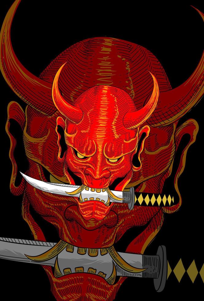 Demon mask with samurai sword artwork illustration vector
