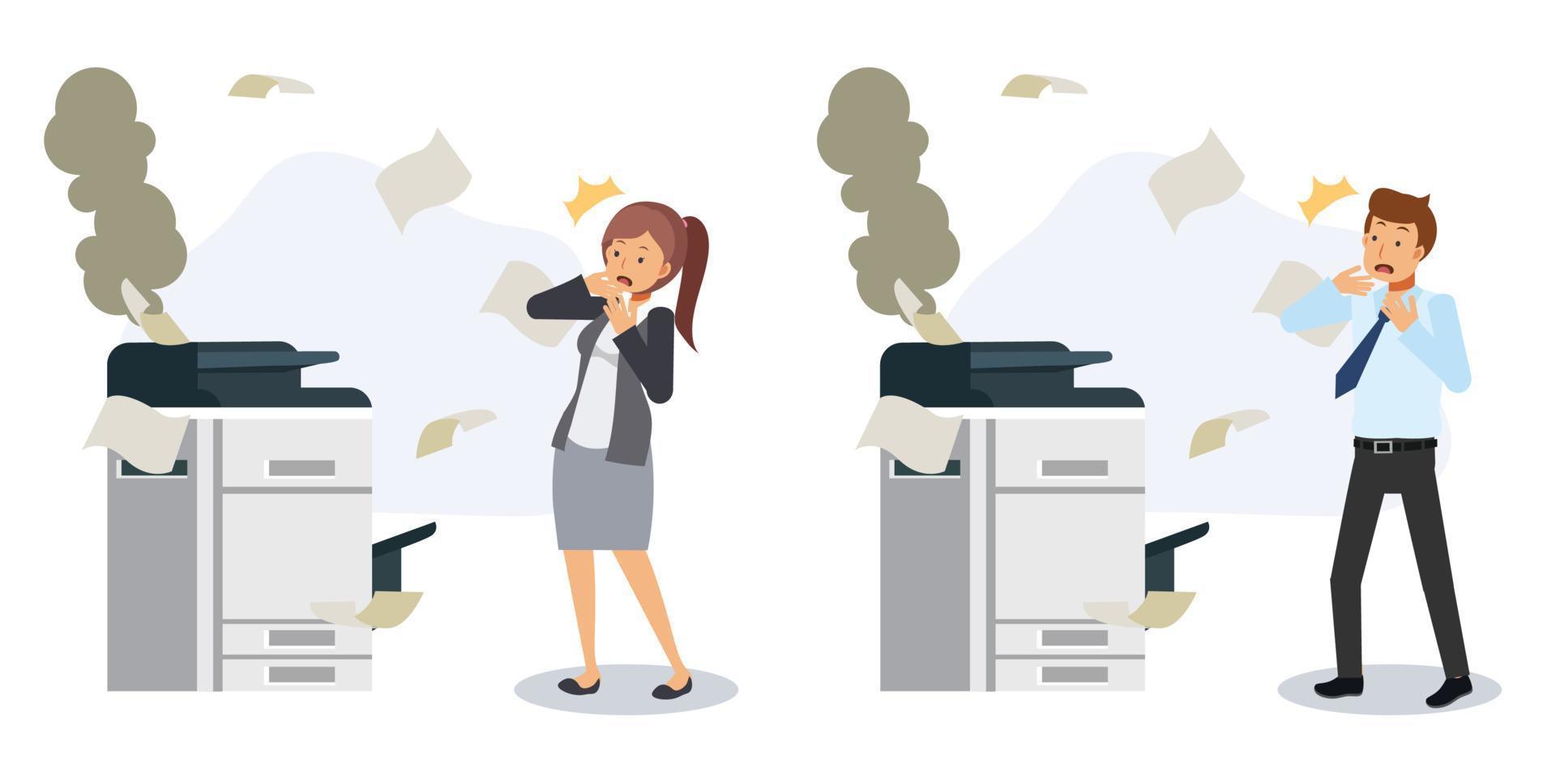 Business people in office concept. Problem at office, broken printer, messy,office equipment.Flat vector 2D cartoon character illustration.
