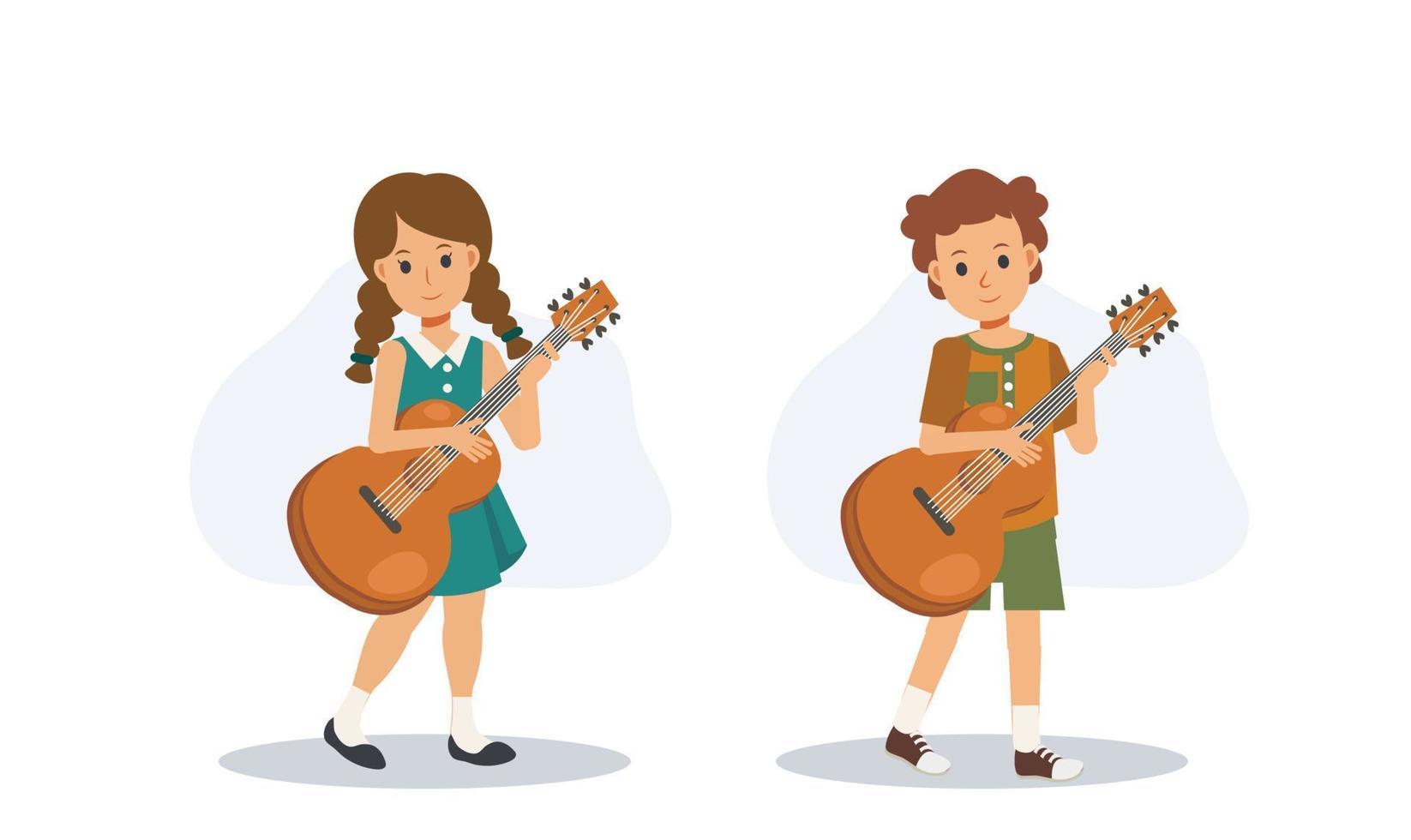 kid playing guitar, music studying, hobby, Learning music.Flat vector 2d cartoon character illustration.