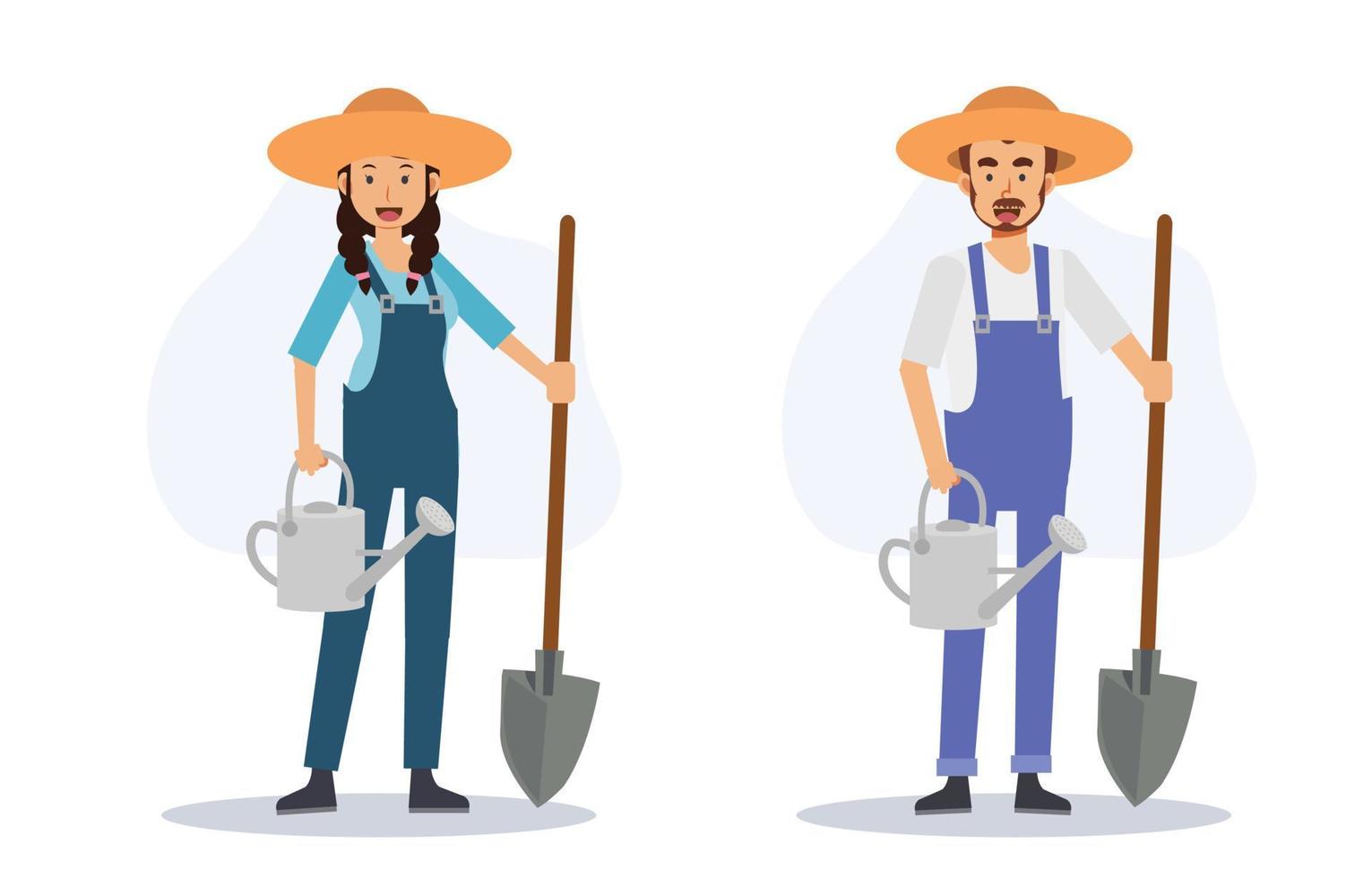 Set of happy smiling farmer with a shovel and watering. Flat vector 2d cartoon character illustration.
