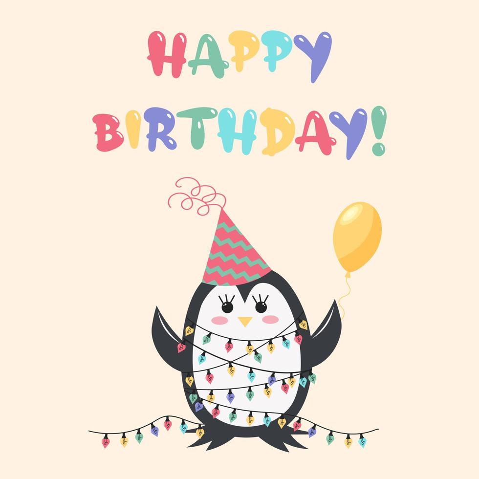 lindo bebé pingüino con guirnalda de colores, globo y gorro de fiesta. letras de feliz cumpleaños. vector