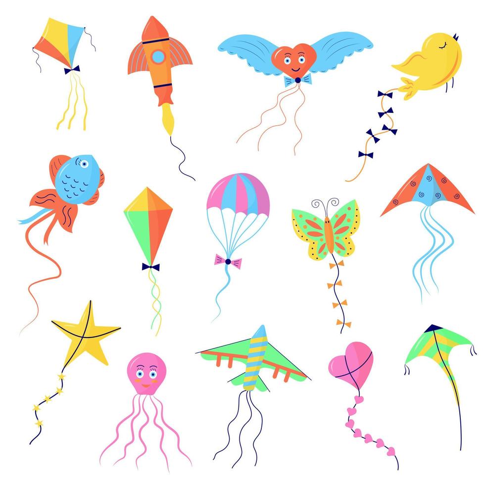 Set of colorful flying wind kites. vector