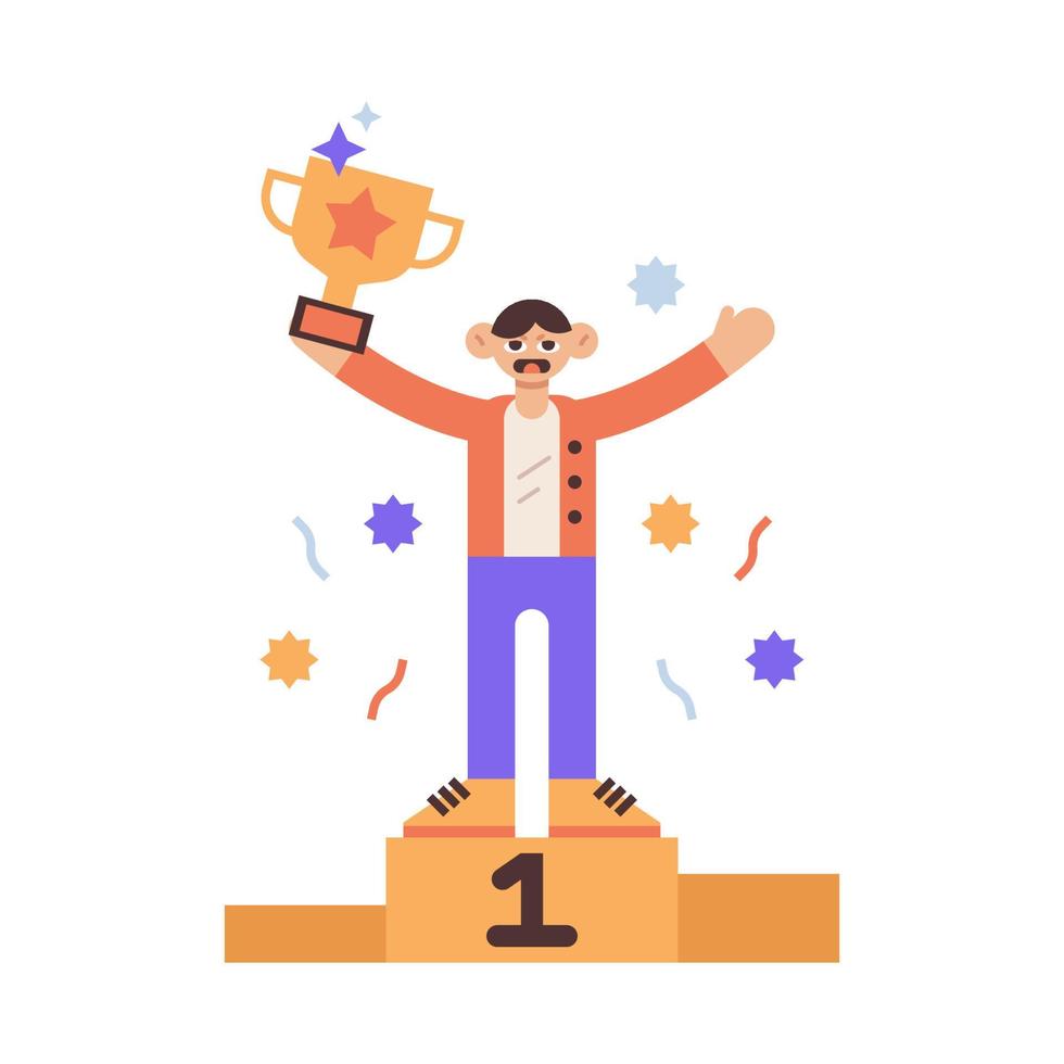 Man holding trophy at podium stage Illustration. vector