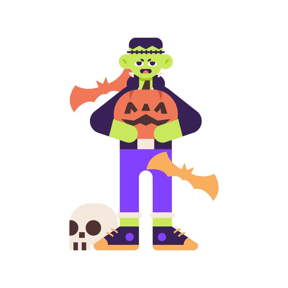 Frankenstein Halloween Costume Holding Pumpkin Illustration vector