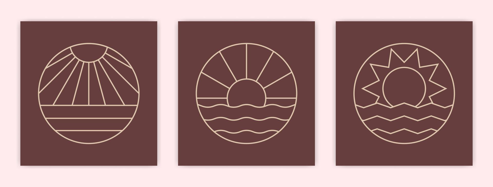 Set of Minimalist Abstract Boho Sunset or Sunrise in Ocean Poster Illustration vector