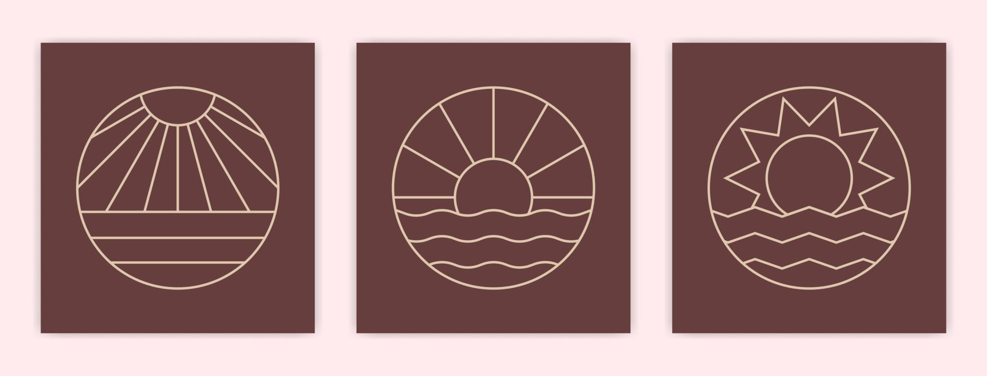 conjunto de puesta de sol o amanecer boho abstracto minimalista en la ilustración del cartel del océano vector