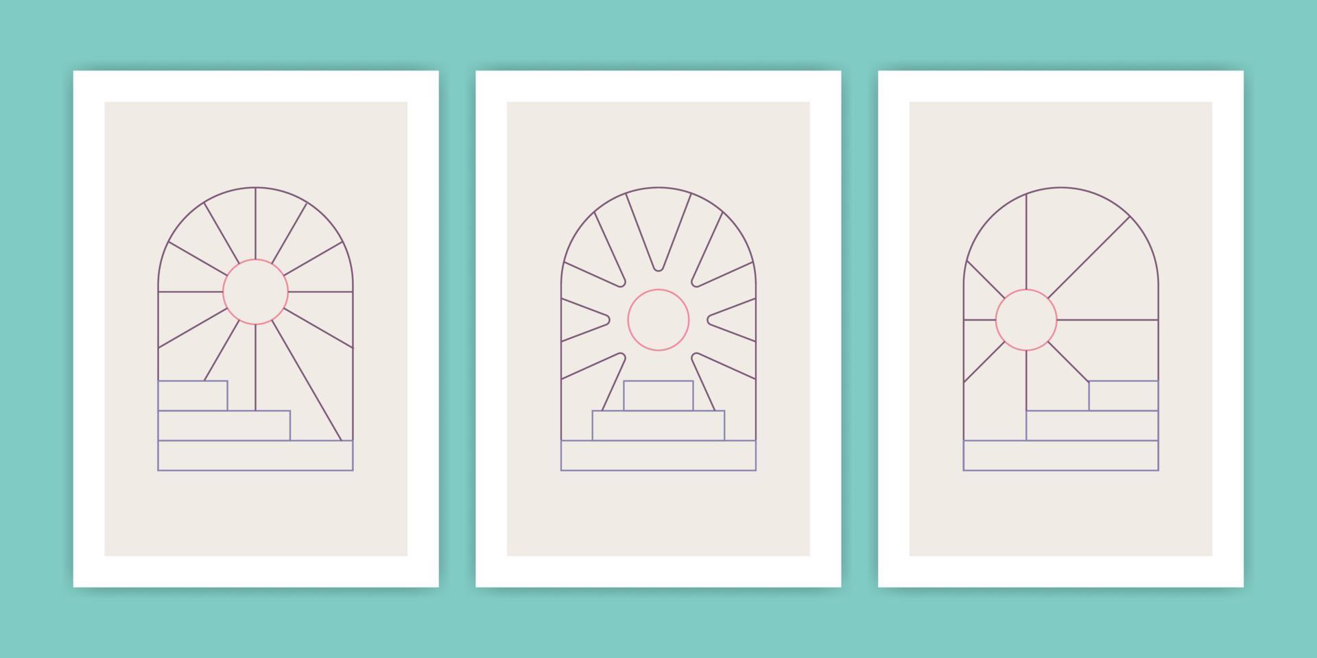 Set of Abstract Boho Geometric Stairs and Sun Poster Illustration vector