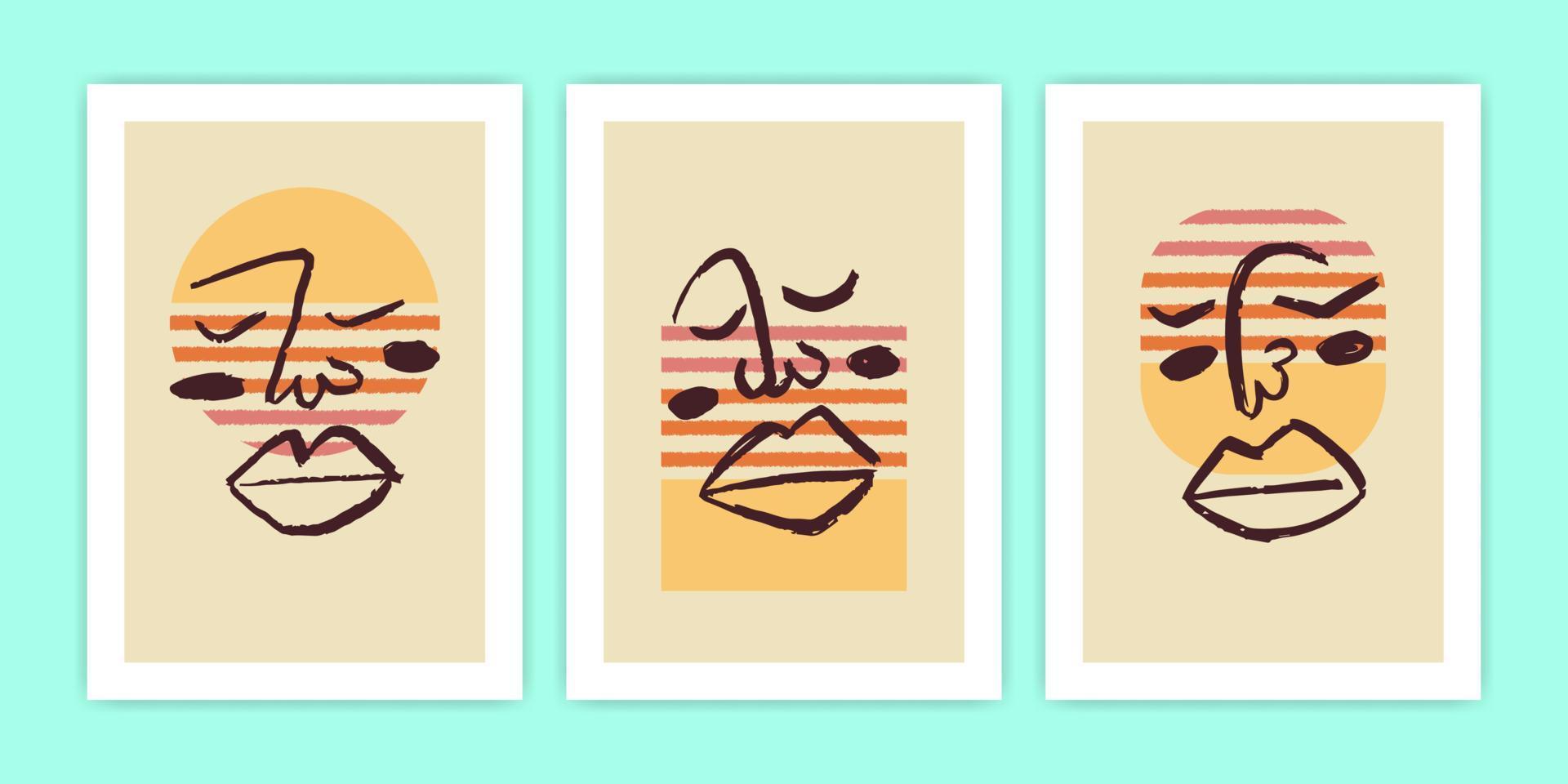 Set of Poster with Sunset Color and Abstract Face vector