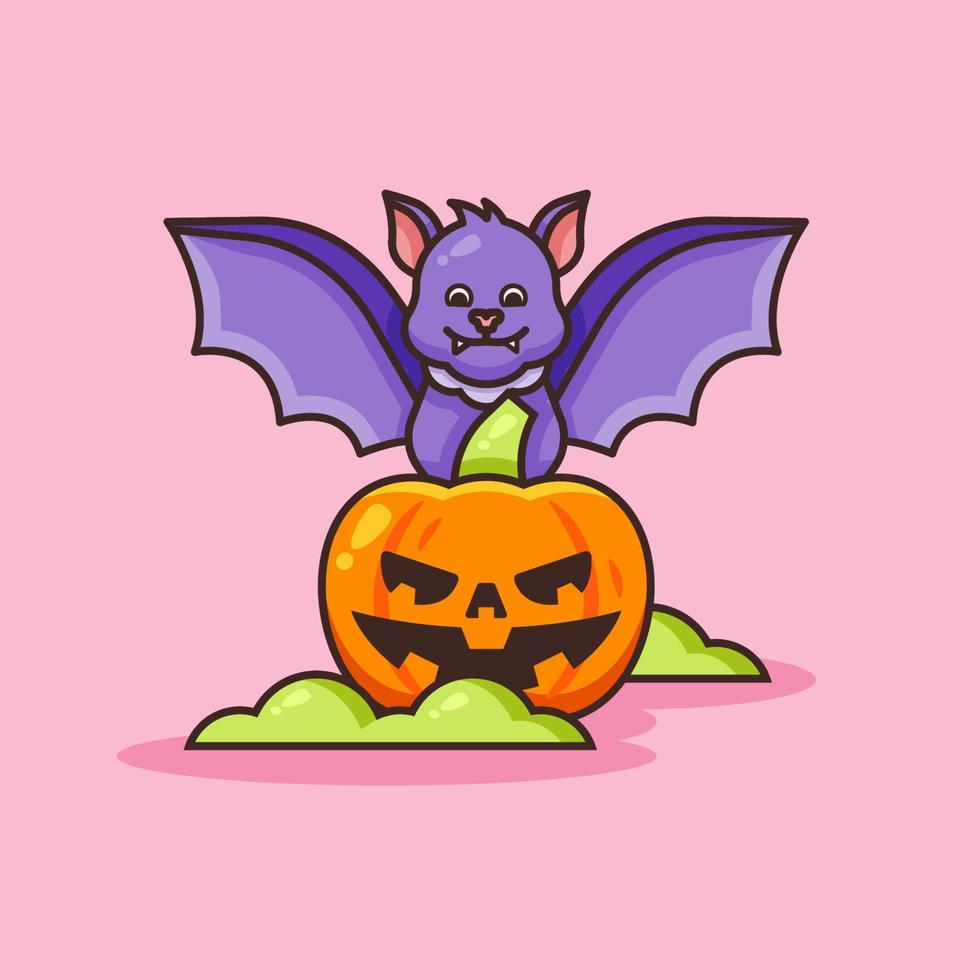 Cute bat with Halloween Pumpkin Illustration. vector