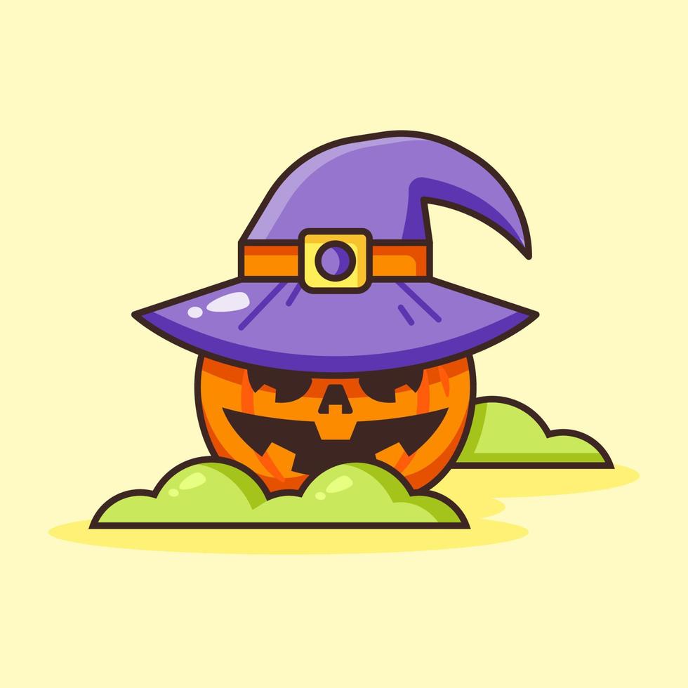 Cute Pumpkin Halloween wearing Witch Hat. vector