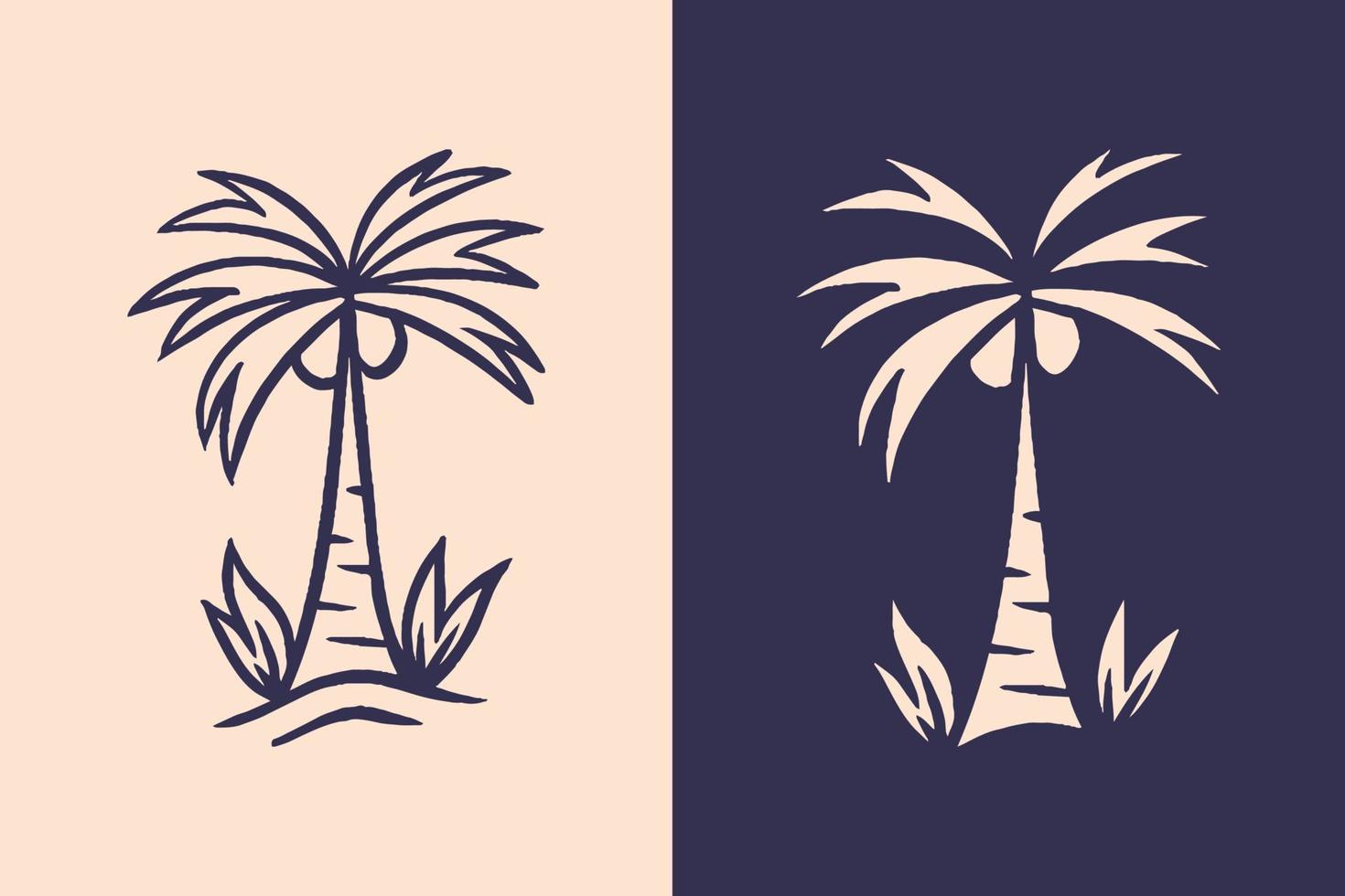 Ilustración de árbol de coco tropical en lugar tropical con estilo retro vector