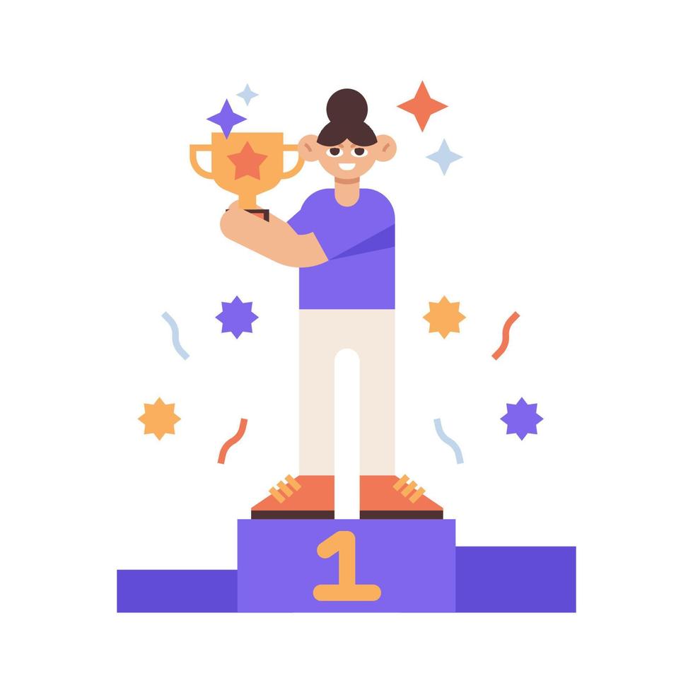 Woman winning trophy and standing at podium stage illustration. vector