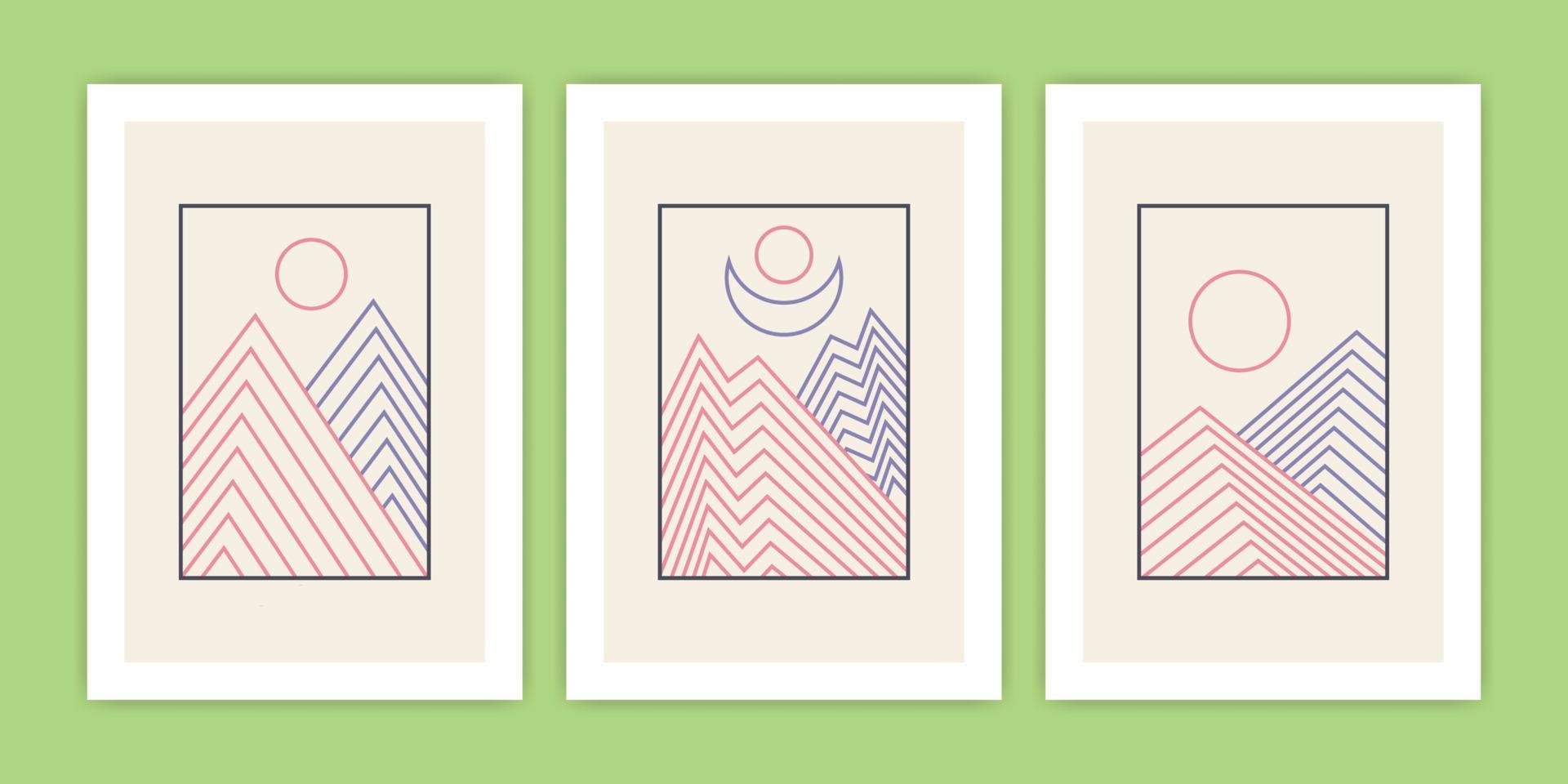 Collection of Abstract Line Art Mountain Poster Illustration vector