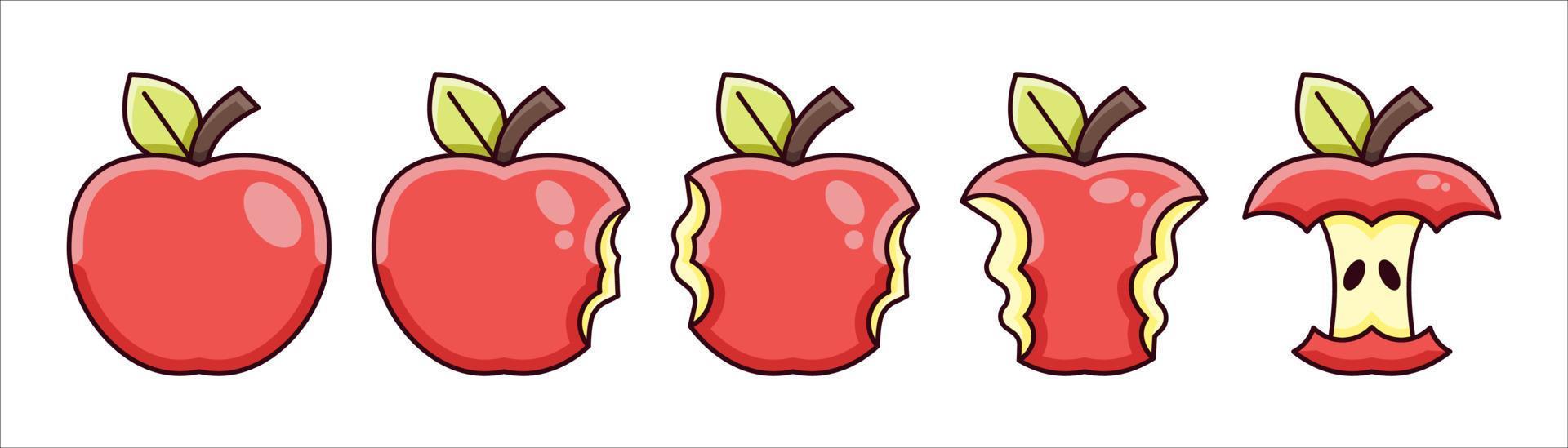 conjunto de varias ilustración de etapa de mordida de manzana roja vector