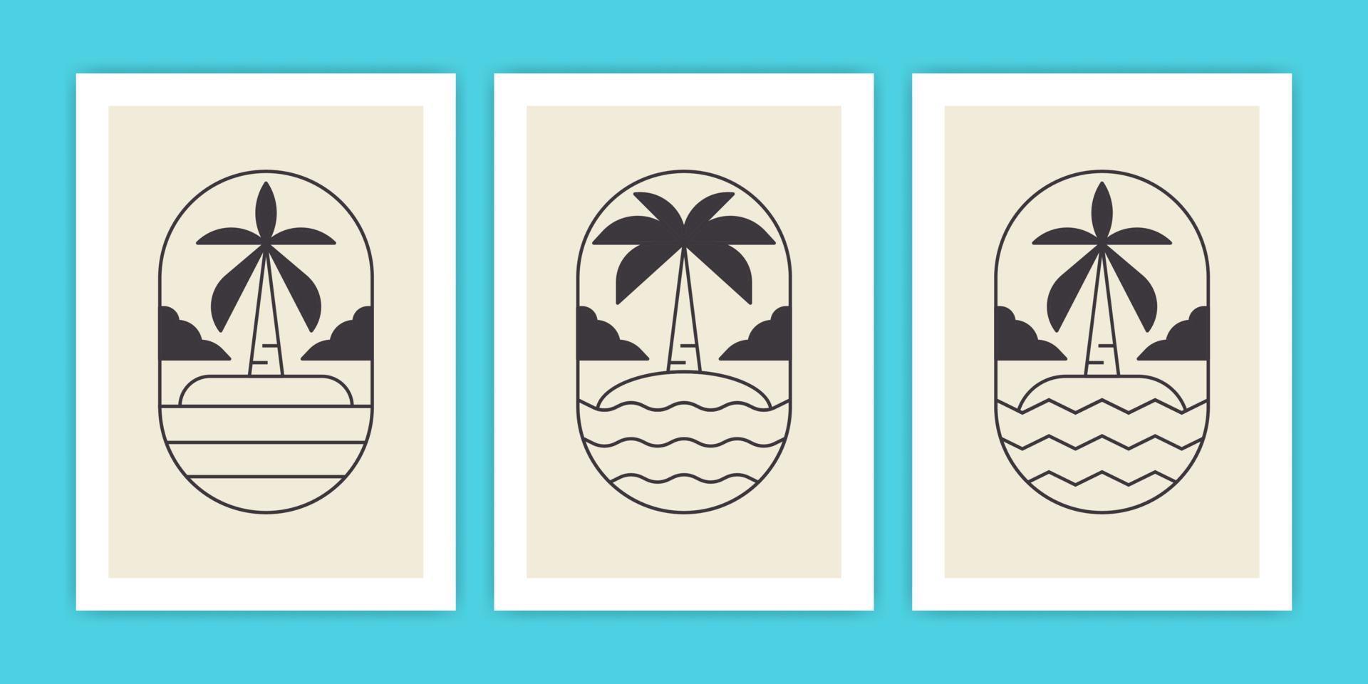 Set of Abstract Palm Tree and Beach or Ocean Poster Illustration vector