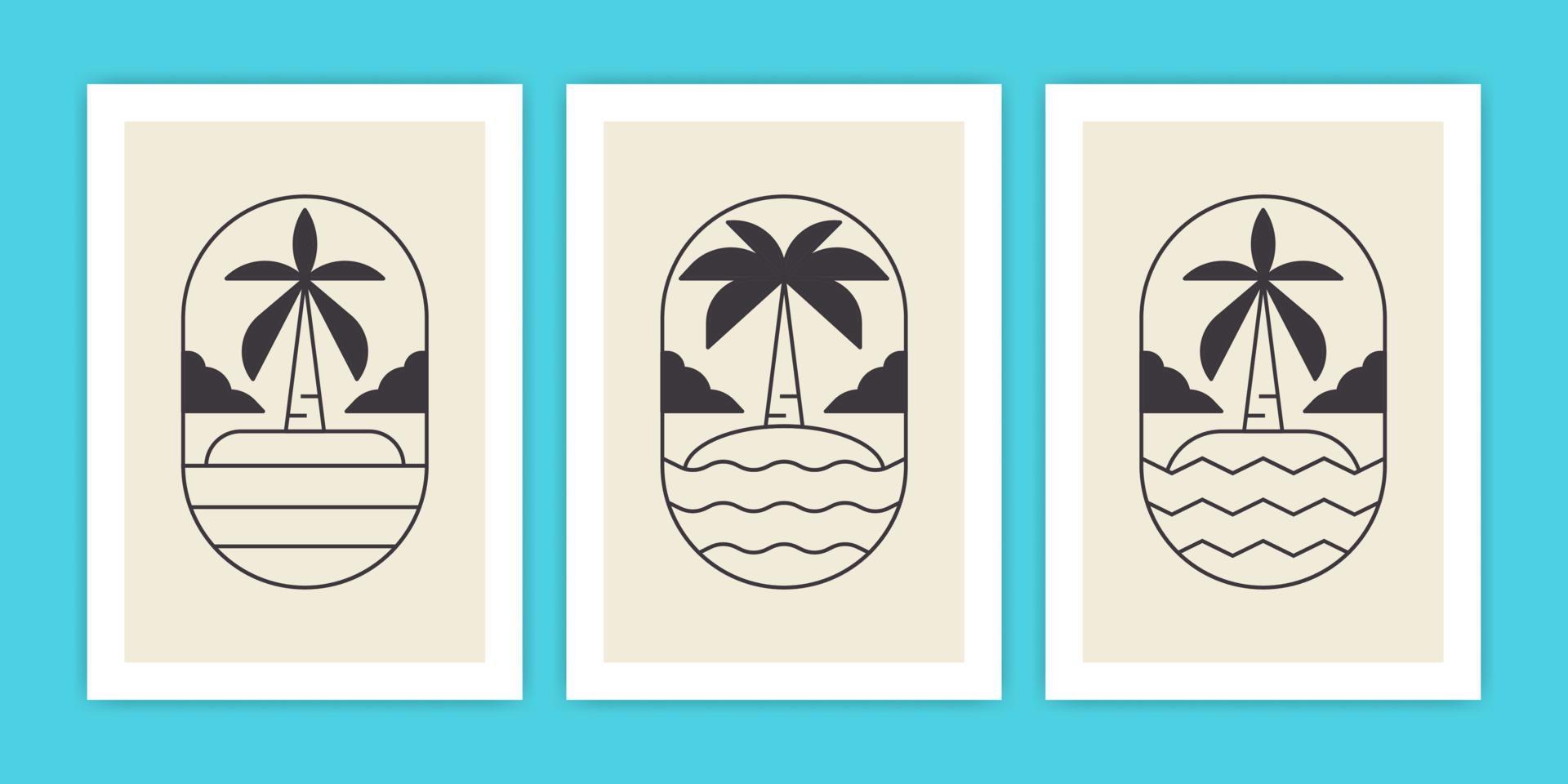 conjunto de ilustración abstracta de cartel de palmera y playa o océano vector