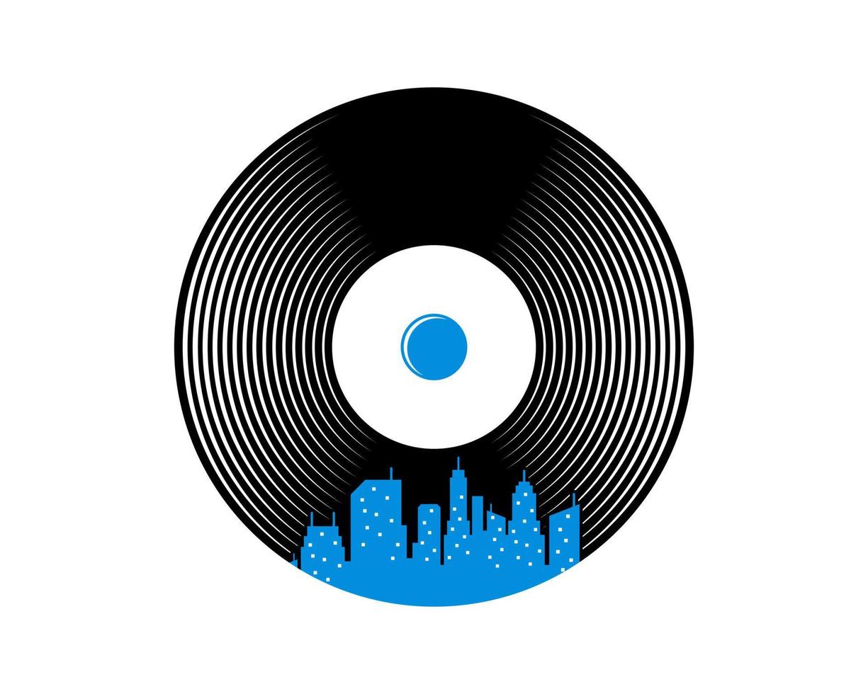 Disco de vinilo con edificio de la ciudad en el interior. vector