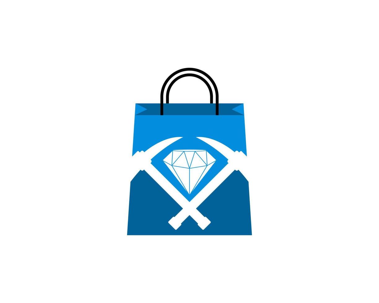 Shopping paper bag with cross mining ax and diamond inside vector