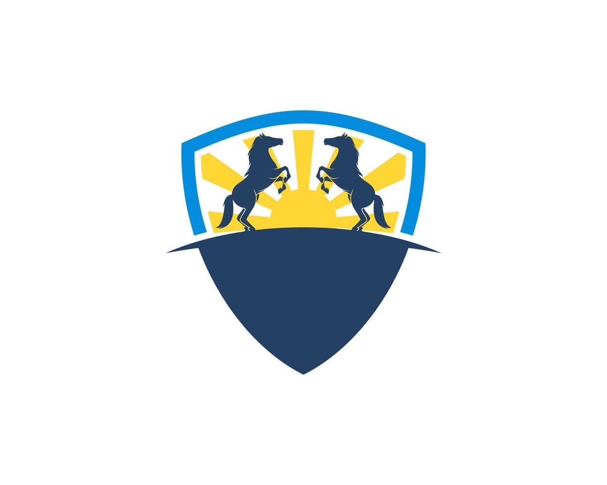 Simple shield with shinning sunset and twin horse vector