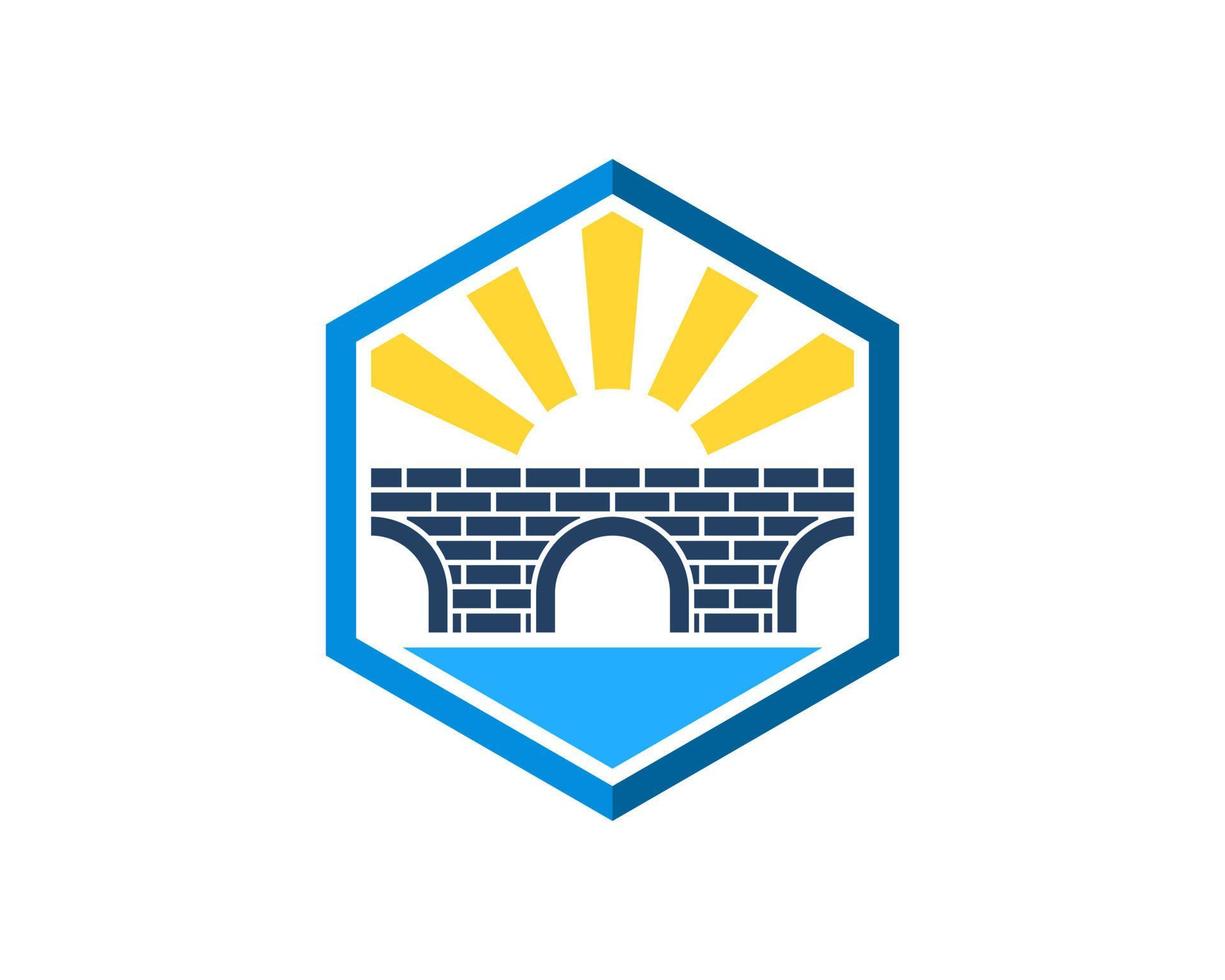 Hexagonal shape with bridge and shinning sun vector