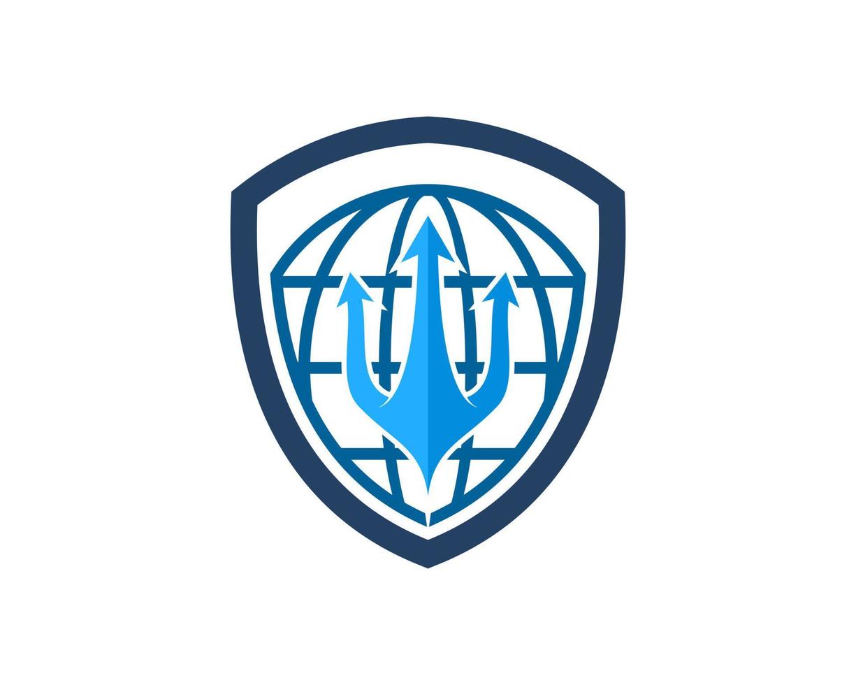 Simple shield with abstract globe and trident inside vector