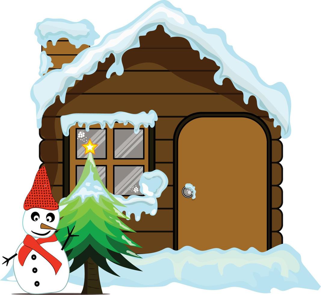 una casa de madera con nieve y agregada con abetos y un hermoso muñeco de nieve es perfecta para tarjetas de felicitación de año nuevo y navidad y también para tarjetas de juegos para niños vector