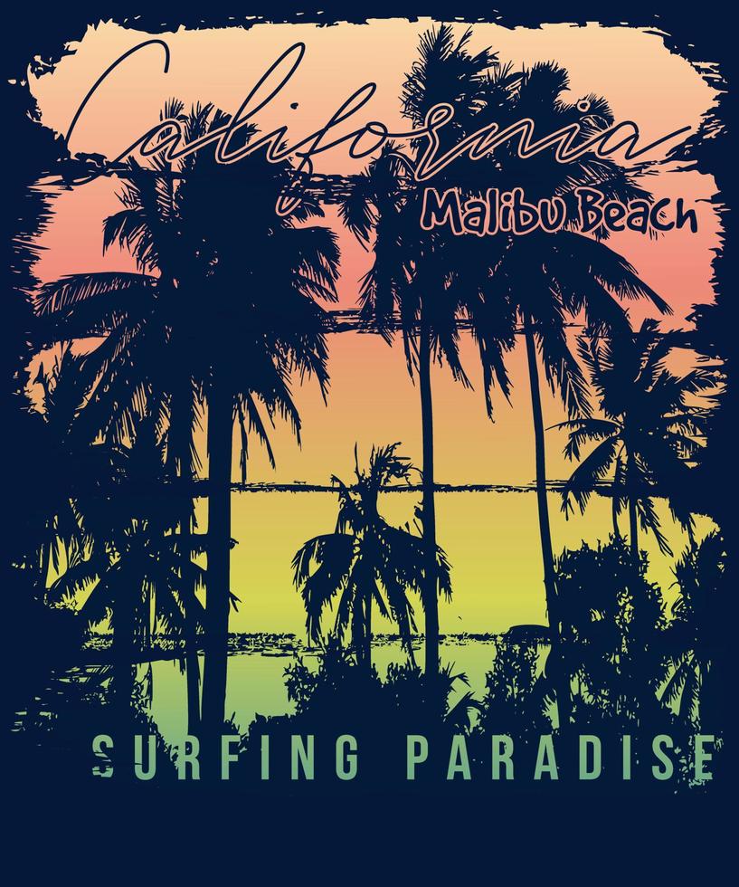 California Malibu Beach Surf Paradise t-shirt design for surf lovers vector