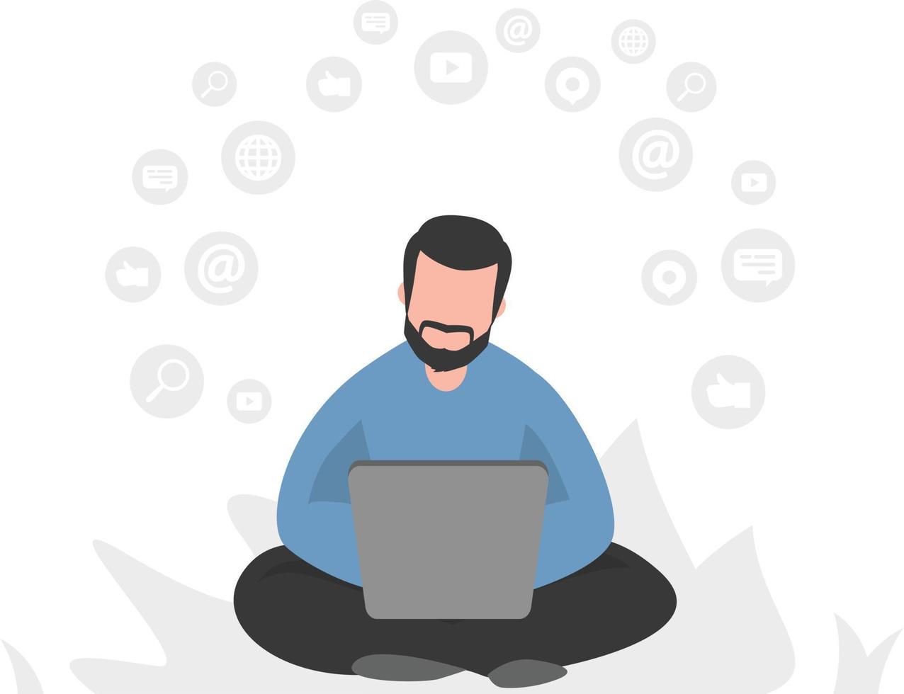 A boy sit and doing social activities on laptop. vector