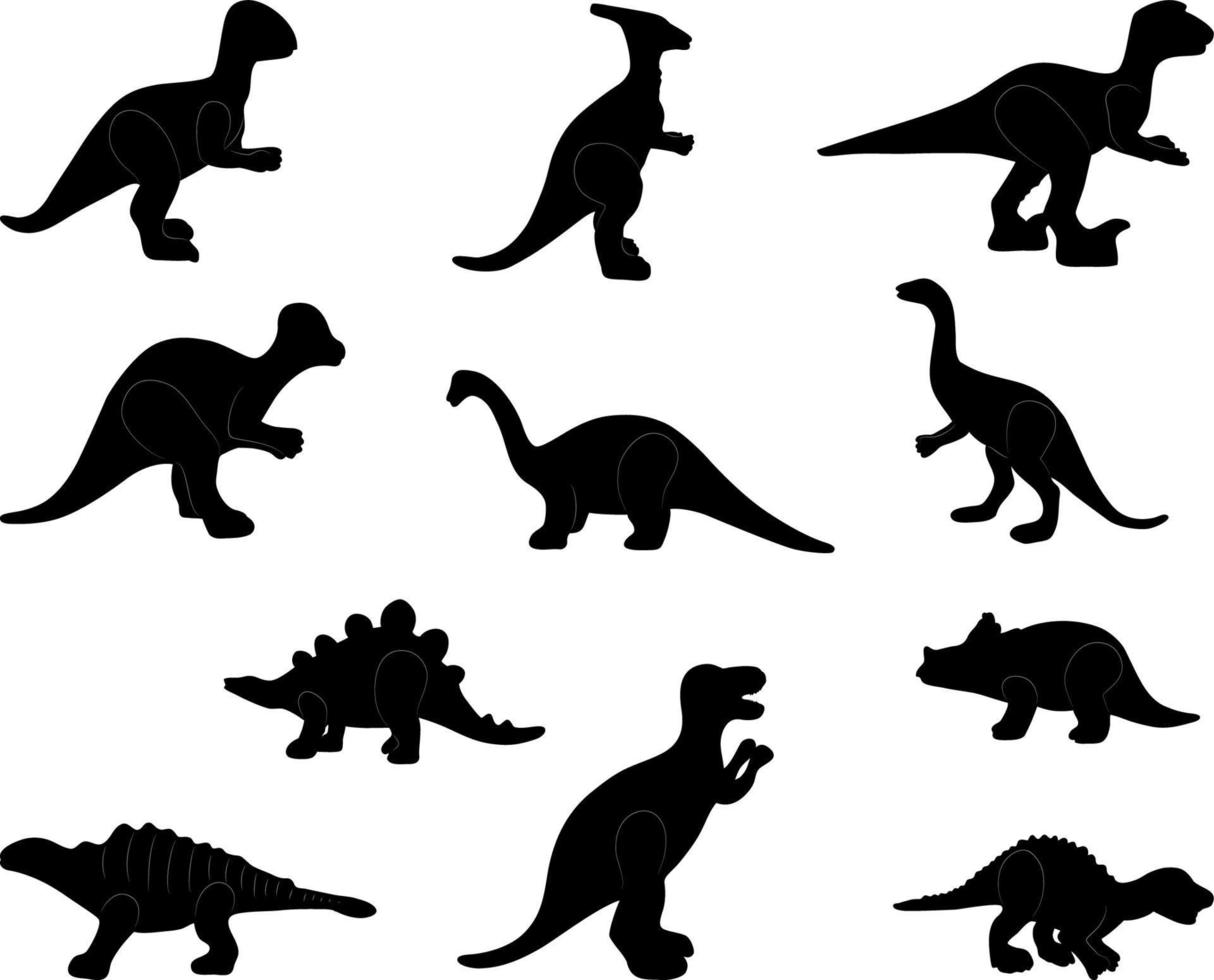 Set of black silhouette of dinosaurs on white background. Collection various forms, pose, type. Stand, sits, walks. Elements for design, print. Vector illustration