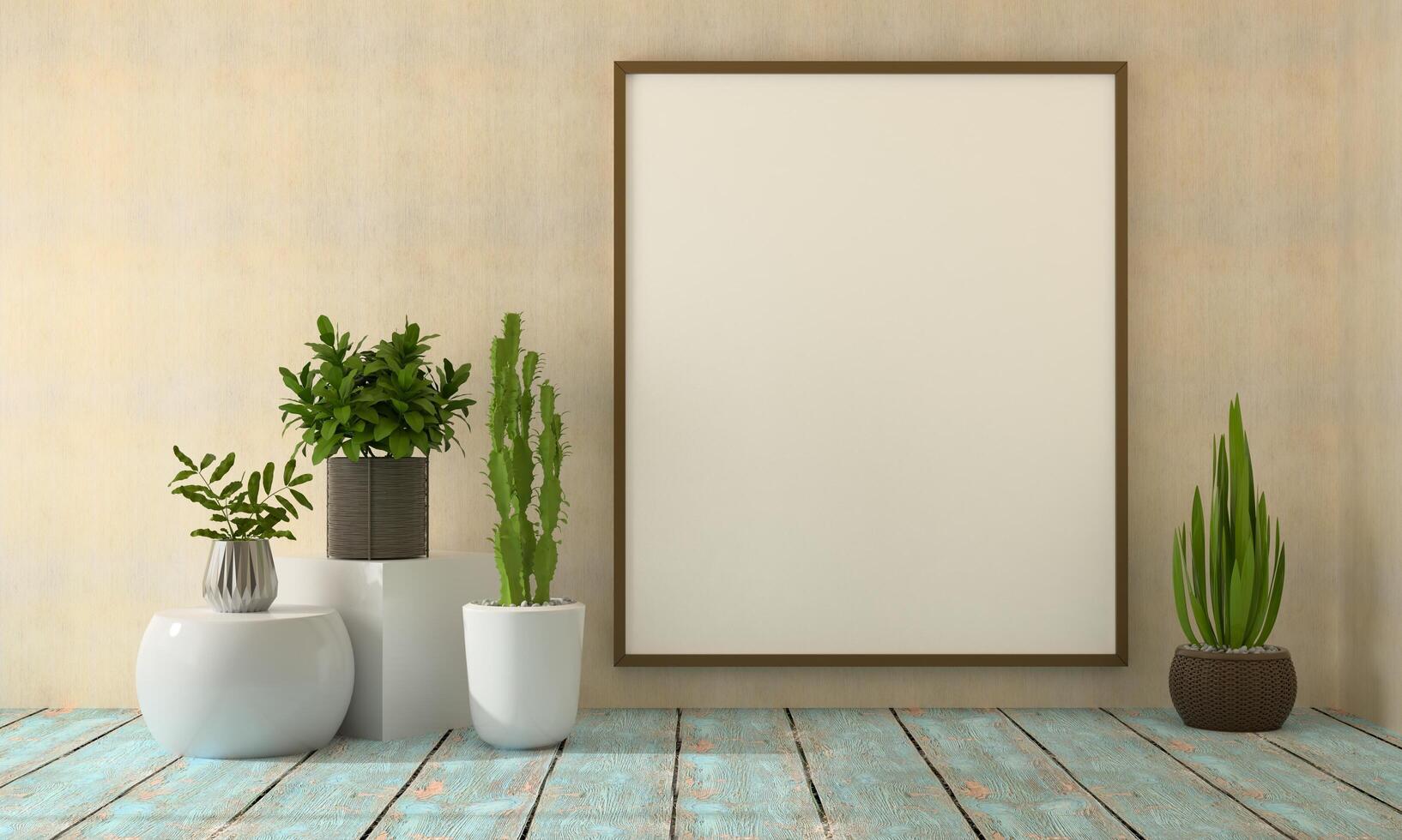 Picture frame mounted on the wall with flower vase photo