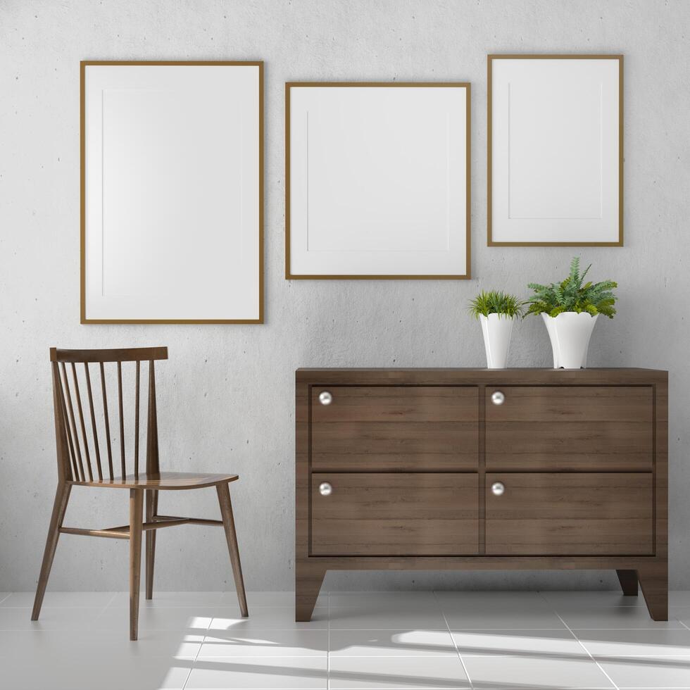 Picture frame attached to the wall, with chairs and vases placed on the table. photo