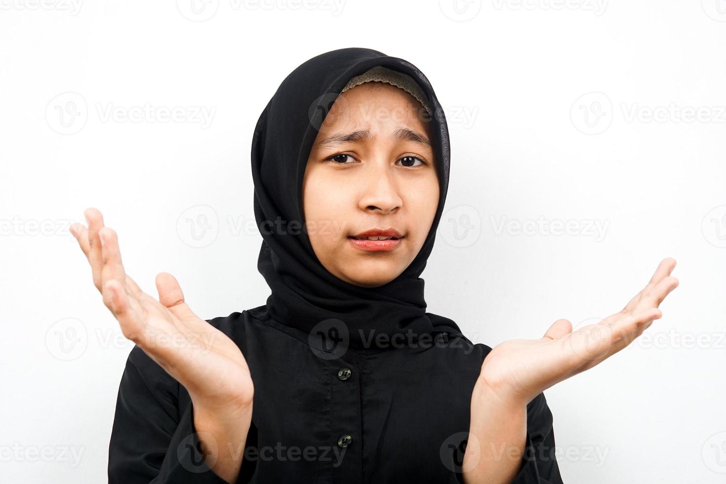 Closeup of beautiful young muslim woman sad, isolated photo