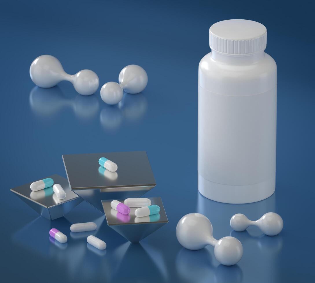 A white plastic bottle for medicine on a blue background photo