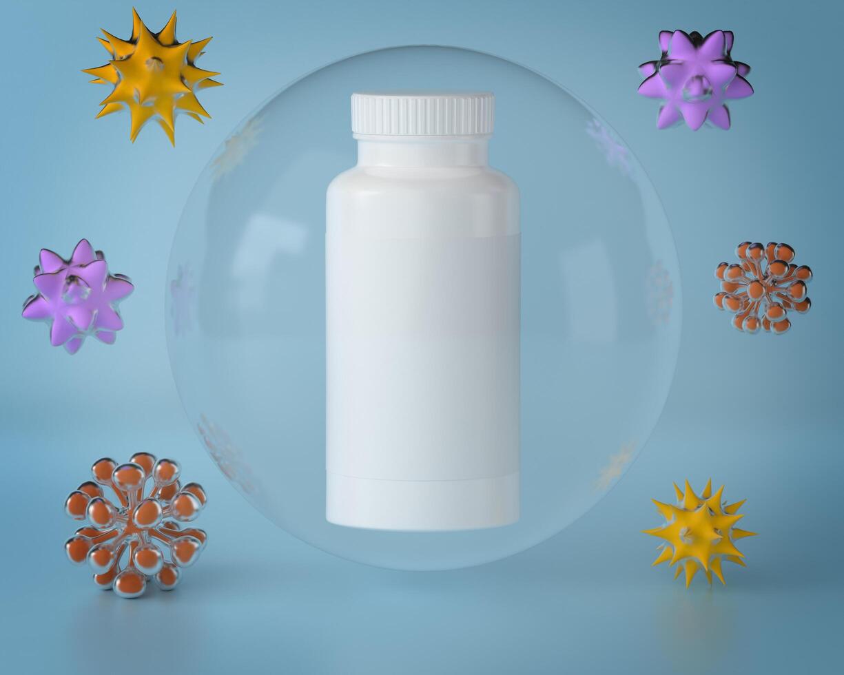 A white plastic bottle for medicine on a blue background photo