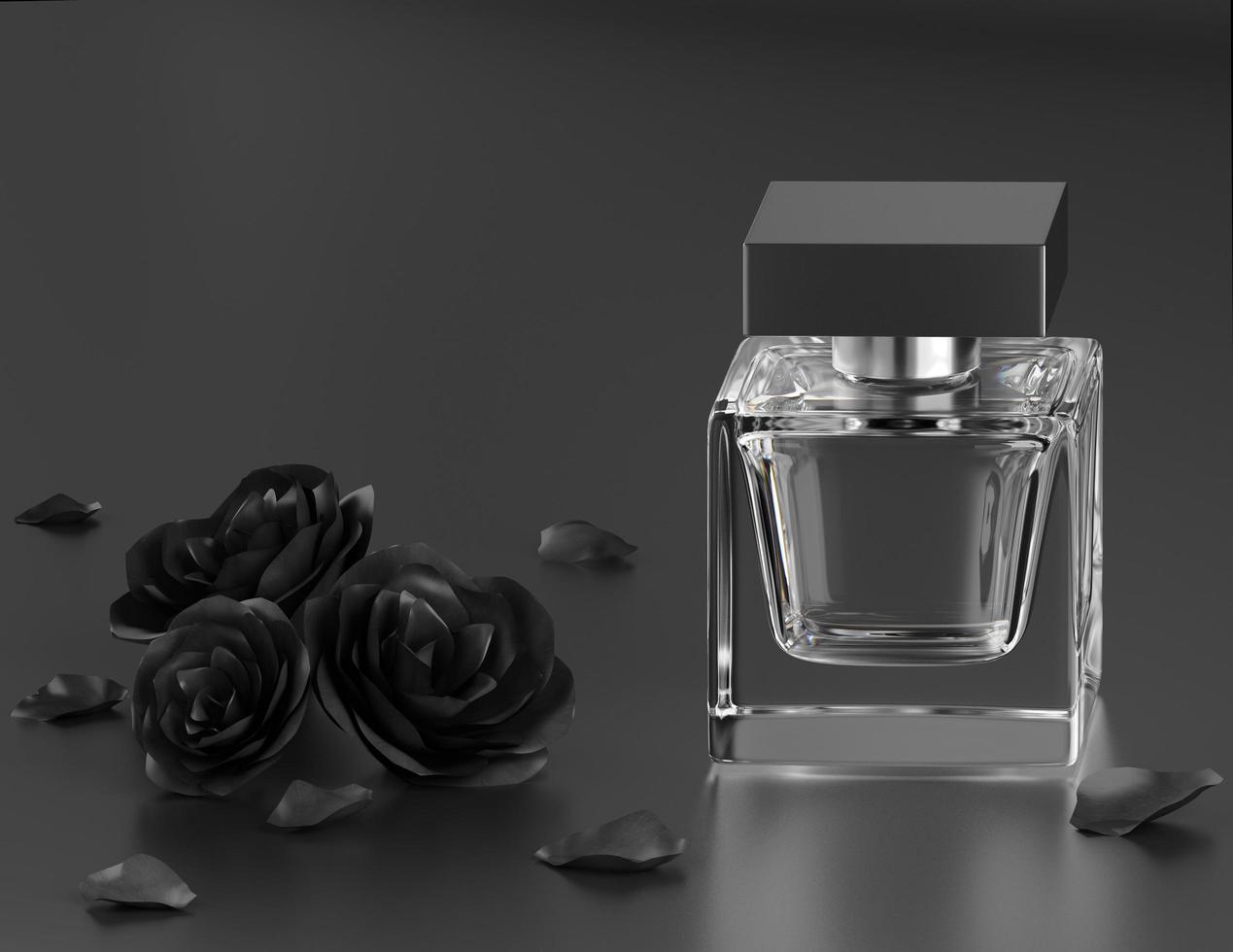 impresión de vector de perfume. botella negra de alta costura, ilustración con estilo de belleza. líquido aromático. fragancia cosmética foto