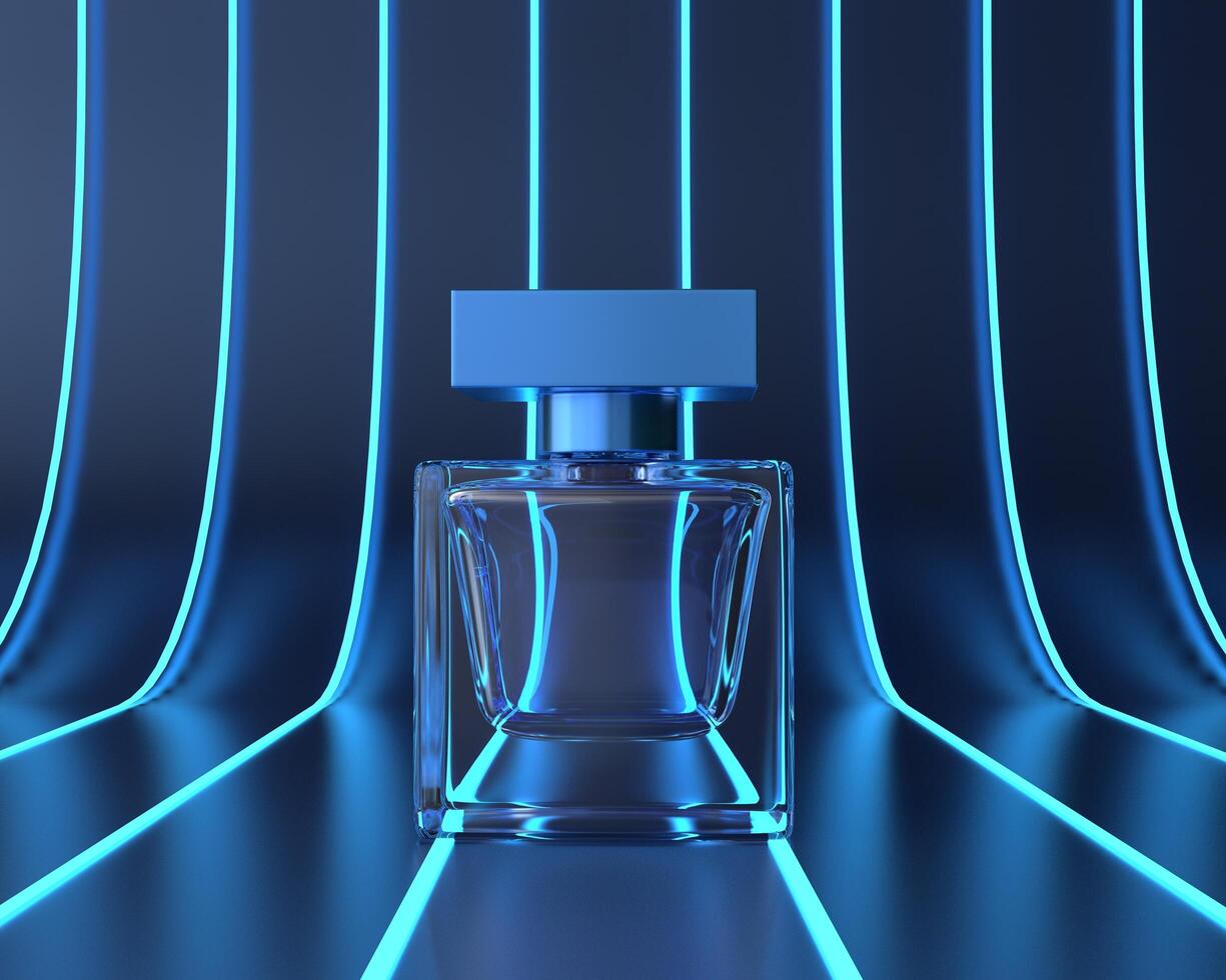 impresión de vector de perfume. botella azul de alta costura, ilustración con estilo de belleza. líquido aromático. fragancia cosmética foto