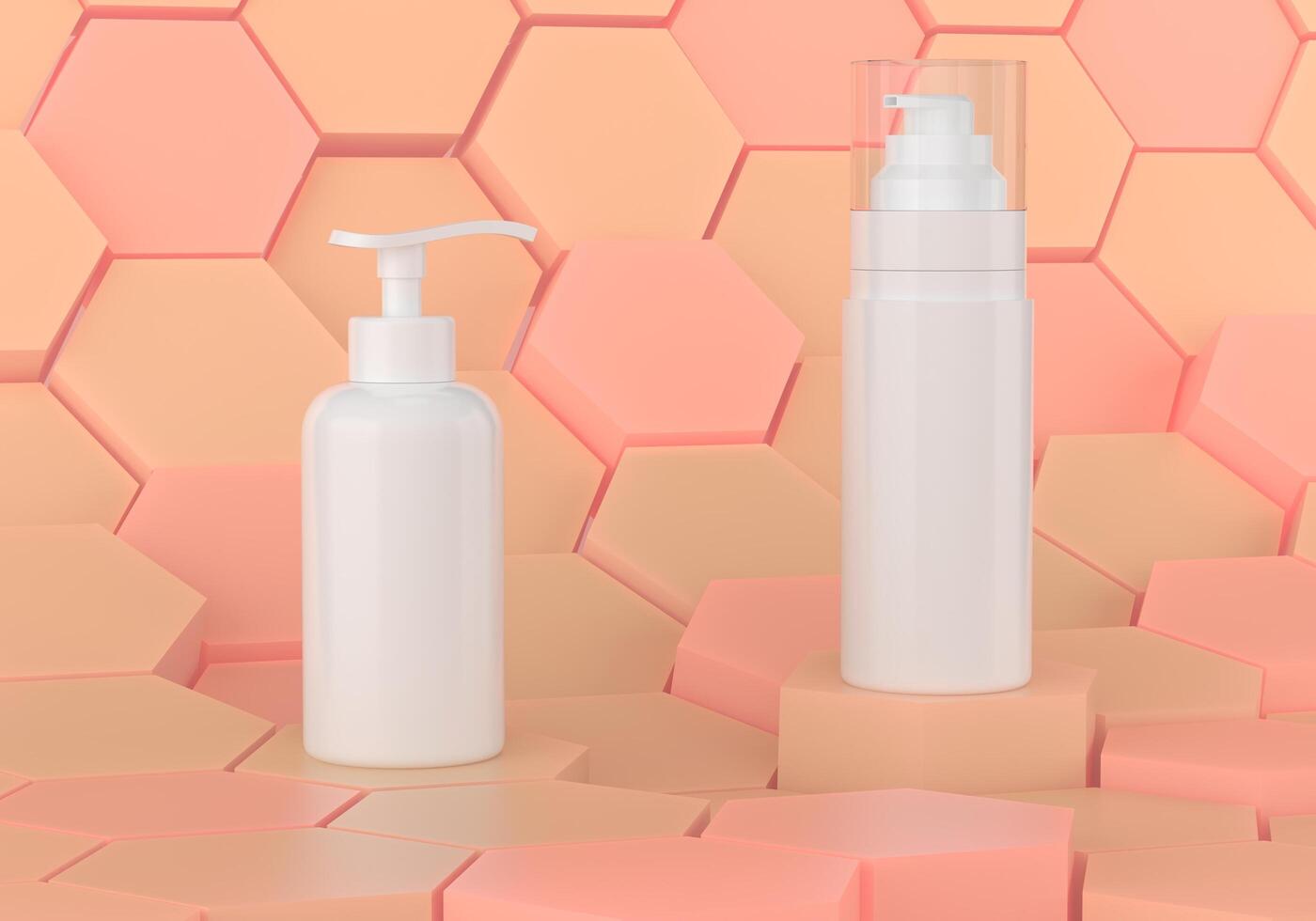Pump bottles for creams or perfumes are placed on hexagonal blocks that are placed together. photo