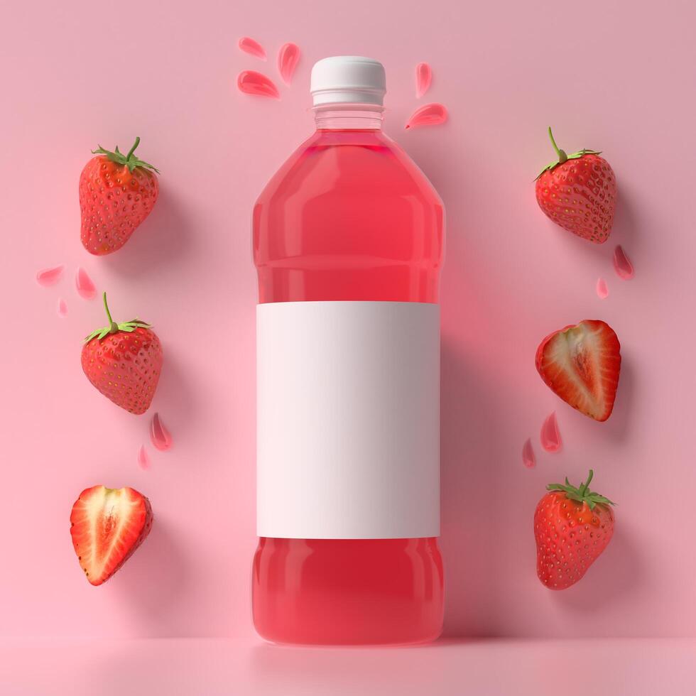 una botella que se usa para contener jugo de fresa con fresas. foto