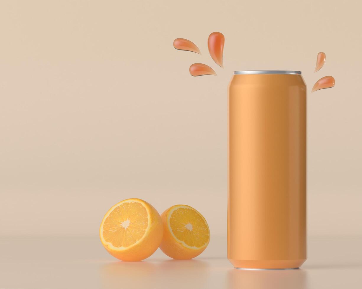 latas de jugo de naranja con naranjas sobre un fondo blanco. foto