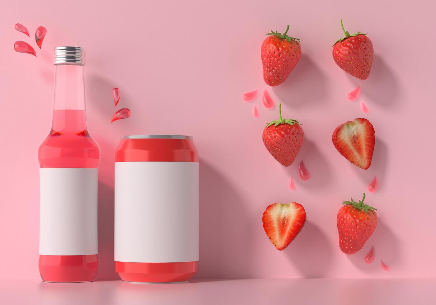 una botella que se usa para contener jugo de fresa con fresas. foto