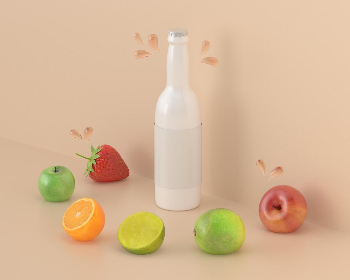 A bottle used for juice on pink background. photo