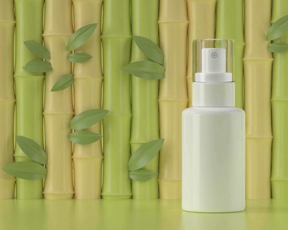 Tubo de spray para medicamentos o cosméticos sobre fondo verde y bambú. foto