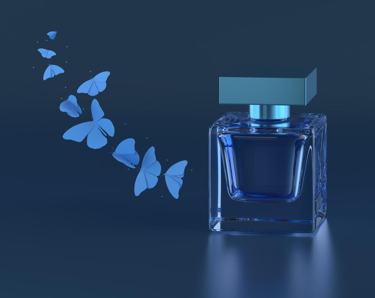 Perfume vector print. Blue bottle haute couture, beauty stylish illustration. Aroma liquid. Cosmetic fragrance photo