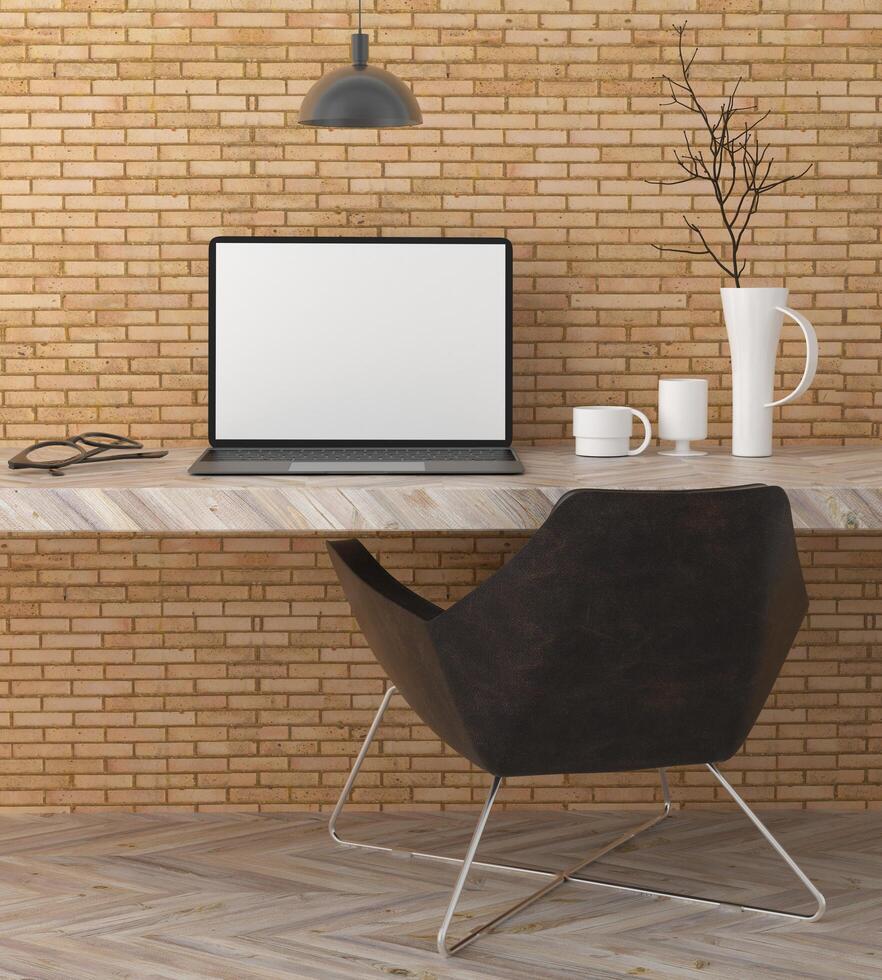 Office room with laptop on the table, 3D style. photo