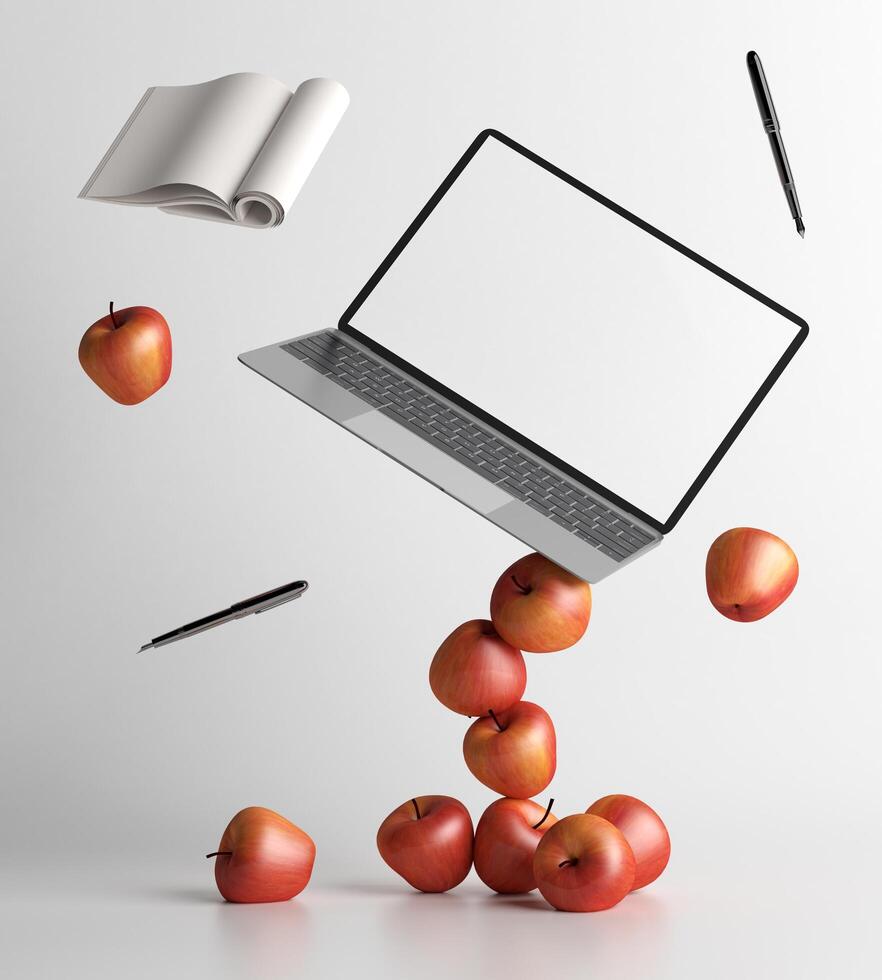 laptop with apple, pen and a book on white background, 3D style. photo